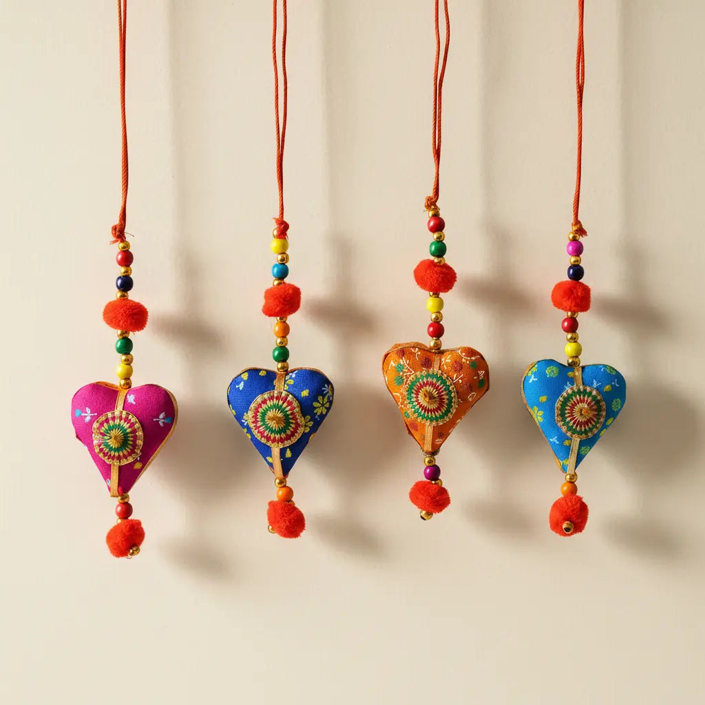 Handcrafted Cotton Printed Fabric Heart Hanging in Four Colours — Pink, Blue, Orange and Sky Blue — with Mandala Lace Patch, Red Cord and Orange Pom Poms