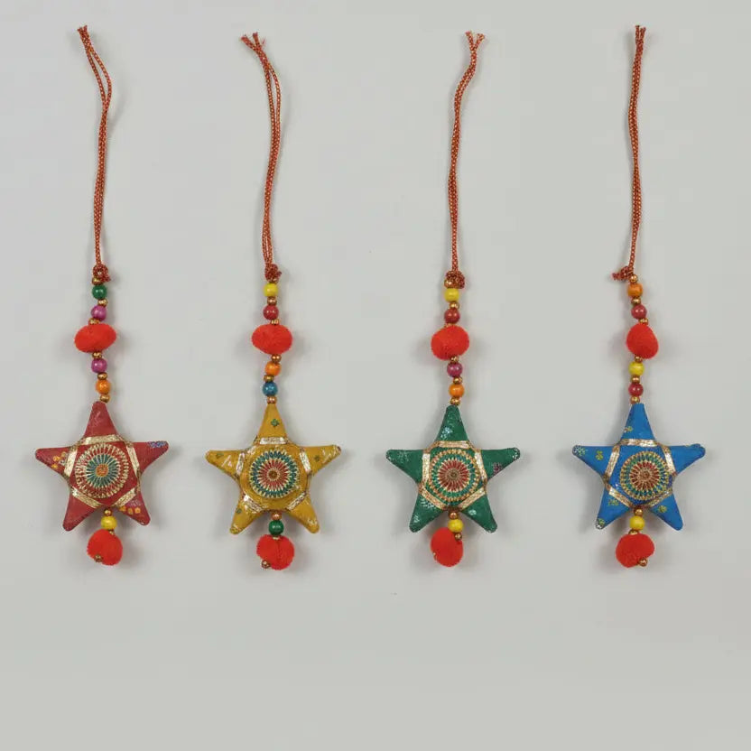 Handcrafted Cotton Printed Fabric Star Hanging in Four Colours — Red, Yellow, Green and Blue — with Mandala Lace Patch, Felt Bead, Red Cord and Red Pom Pom