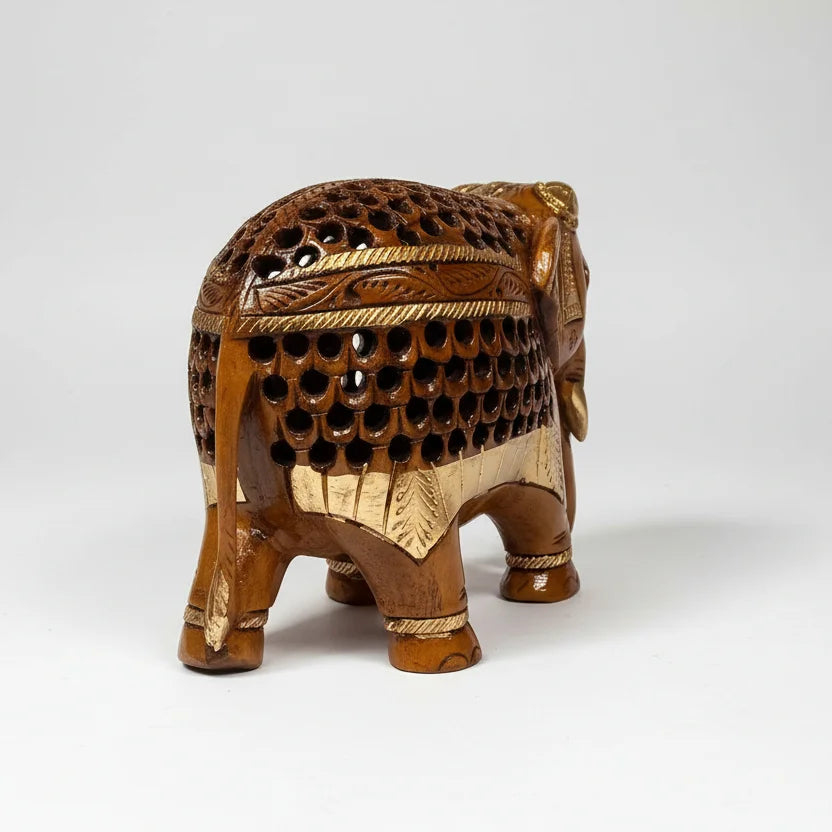 Rajasthani wooden elephant figurine featuring intricate undercut carvings