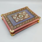 Floral dry fruit gift box with a purple lid panel, pink fabric exterior and gold-tone decorative borders