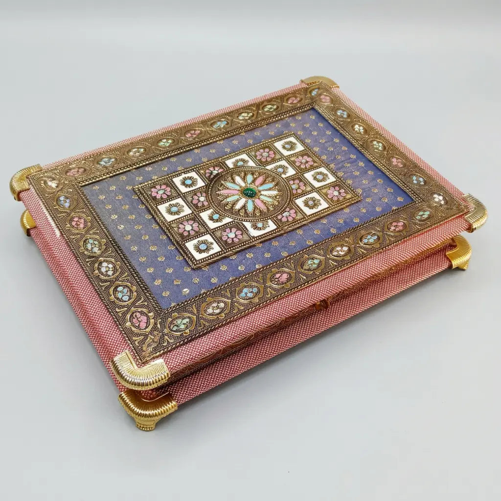 Floral dry fruit gift box with a purple lid panel, pink fabric exterior and gold-tone decorative borders