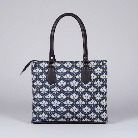 Premium floral print cotton handbag for women with strong PU leather handles.
