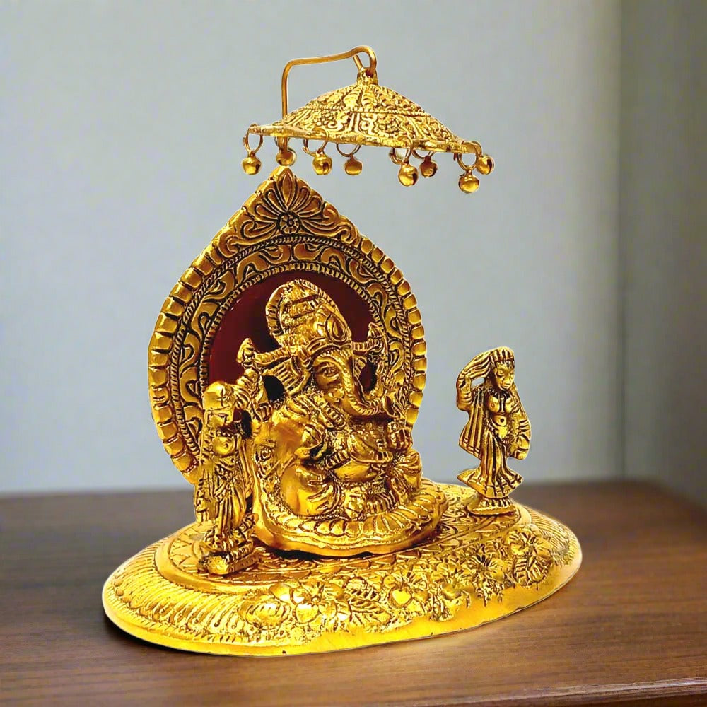 Premium metal Ganesha Riddhi Siddhi statue under umbrella altar piece