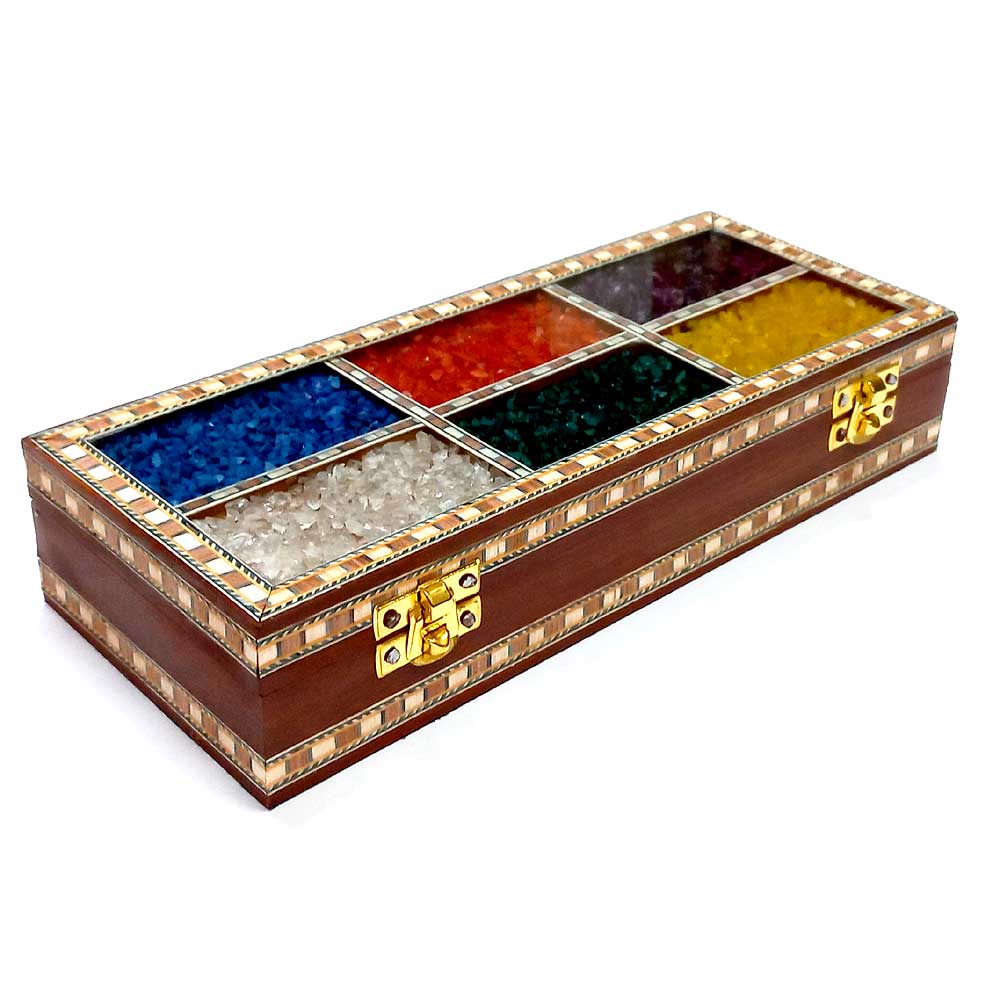 Gemstone embellished wooden gift box with artistic design.