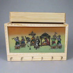 Wall-mounted pine wood key holder with assorted gemstone painting – dual-purpose organizer