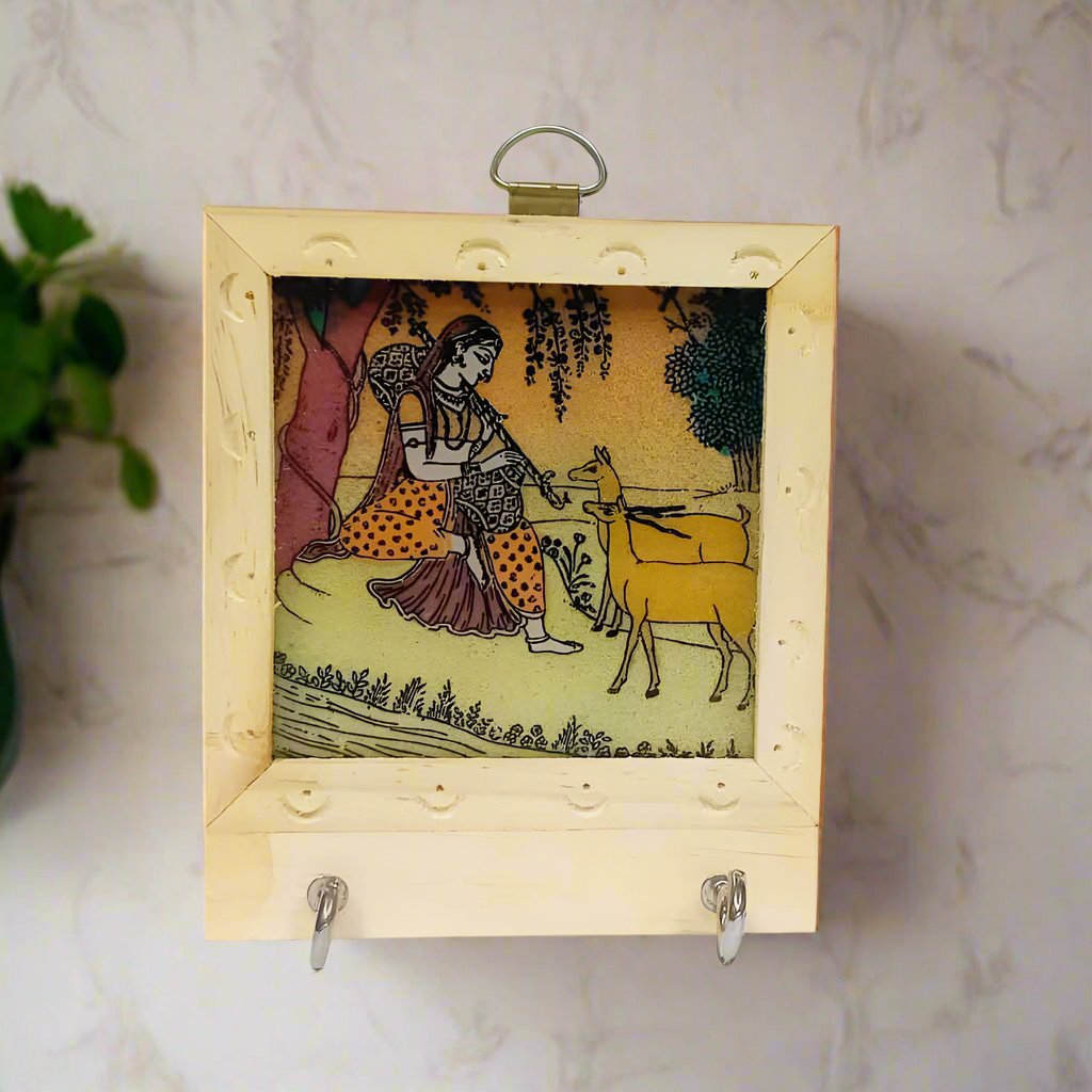 Wooden key holder with gemstone painting and two sturdy hooks