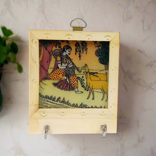 Wooden key holder with gemstone painting and two sturdy hooks