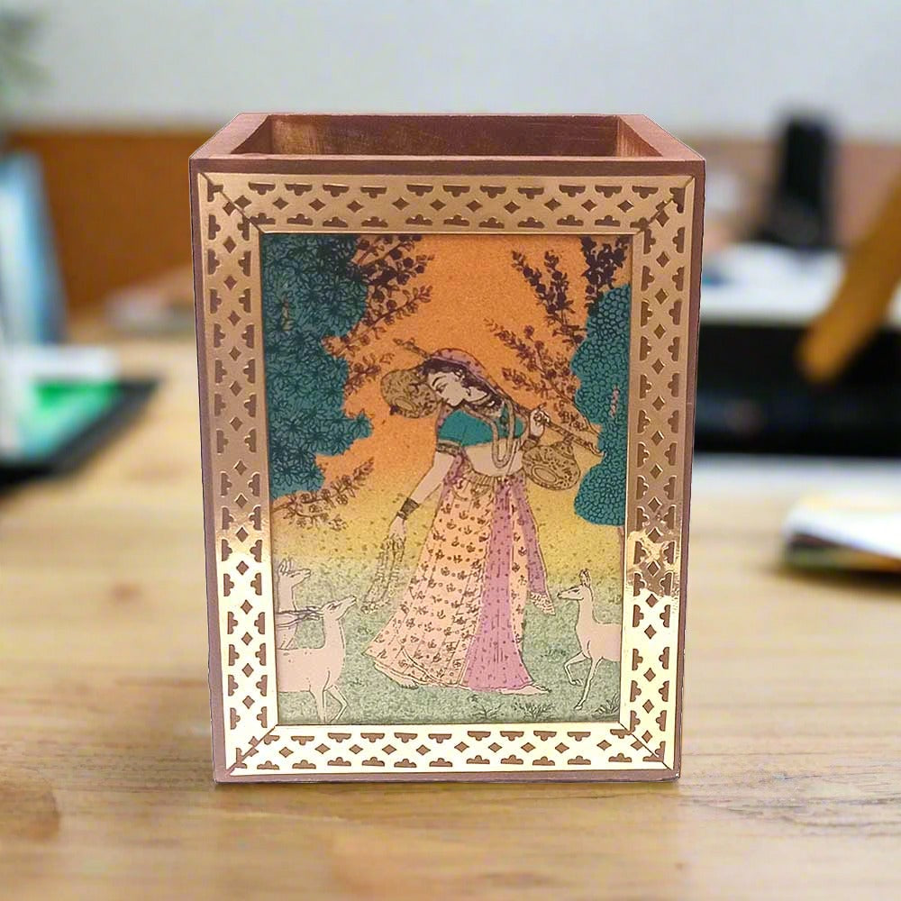 Wood pen stand featuring gemstone painting on glass front panel.