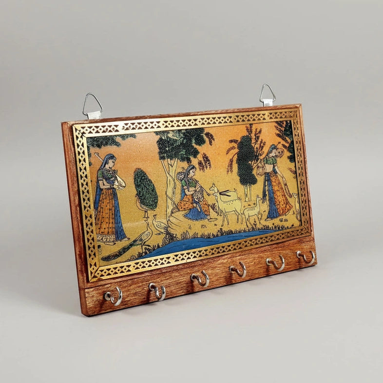 Handcrafted wooden key holder with traditional lady gemstone painting in Ragini style featuring 6 gold hooks.