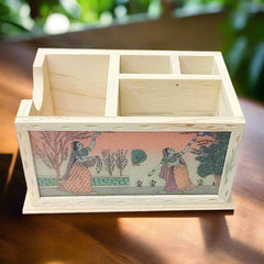 Wooden office desk organizer with gemstone painting artwork for elegant look.