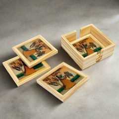 Elegant pine wood rotating coaster set featuring intricate semi-precious gemstone art on glass surfaces.