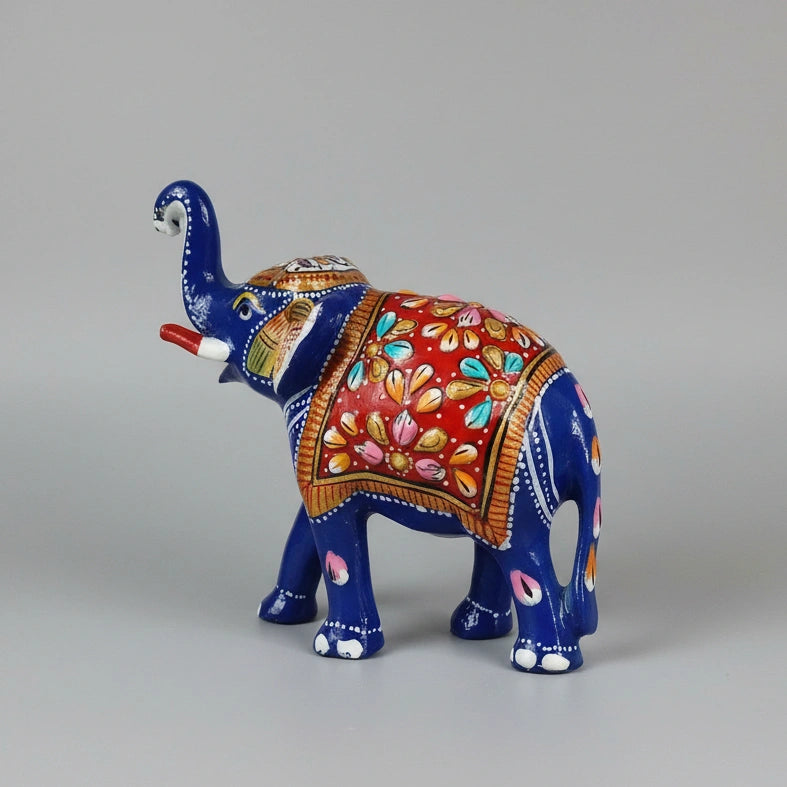 Glossy blue finish Meenakari elephant sculpture available in 3 to 6-inch sizes at KK Gift Store.
