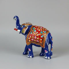Glossy blue finish Meenakari elephant sculpture available in 3 to 6-inch sizes at KK Gift Store.