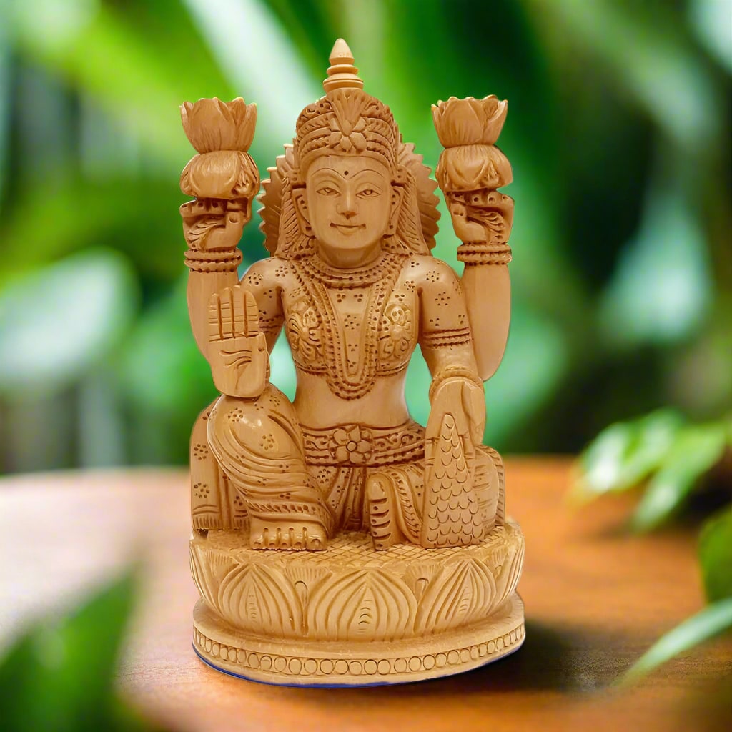 Wooden Lakshmi murti, handcrafted with detailed carvings for spiritual rituals