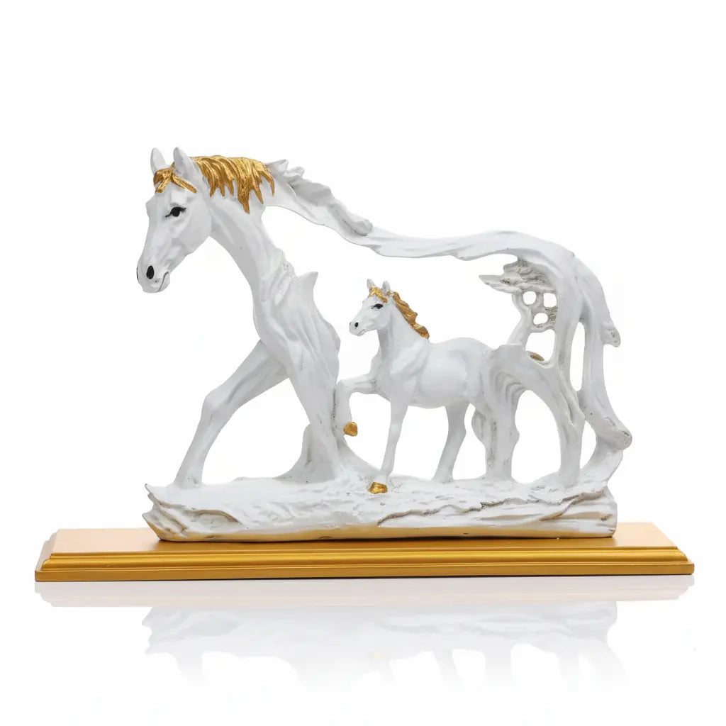 Close-up of golden mane and hoof details on white resin horse showpiece