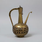 Gold oxidized metal Surahi shaped candle holder featuring lattice design and royal antique finish.