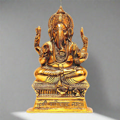 A golden metal Ganesh wall decor piece with an intricate traditional design.