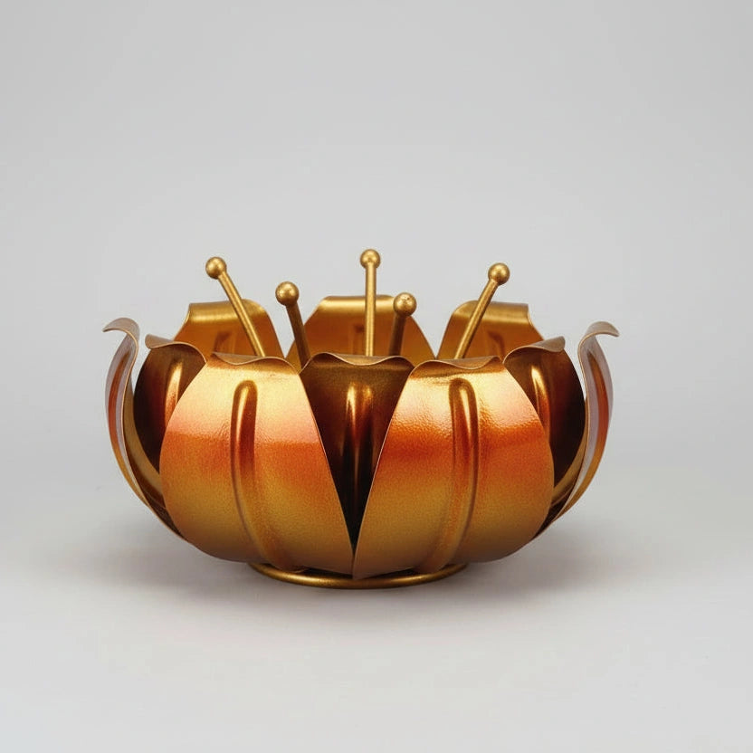 Top view of a 6-inch golden metal lotus candle holder with antique finish.
