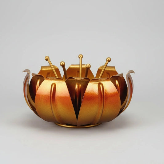 Top view of a 6-inch golden metal lotus candle holder with antique finish.