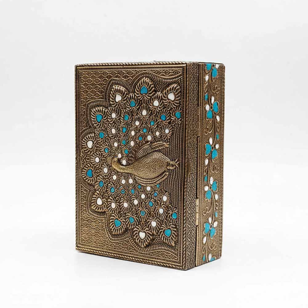 Handcrafted golden oxidised peacock jewellery box with sky blue meenakari – Jaipur wooden storage