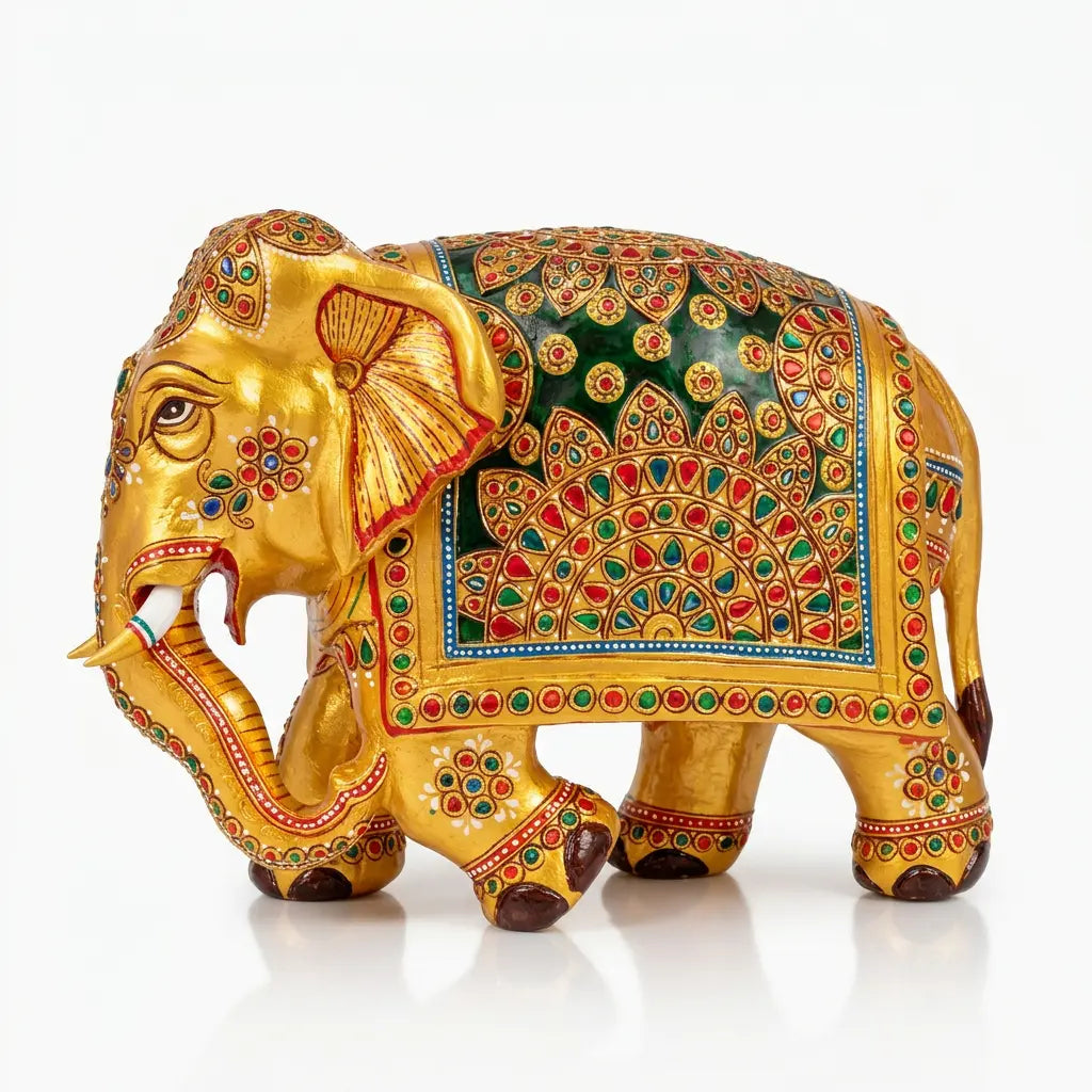 Left-facing golden wooden elephant with a deep green panel, colourful embossed floral patterns and white tusks