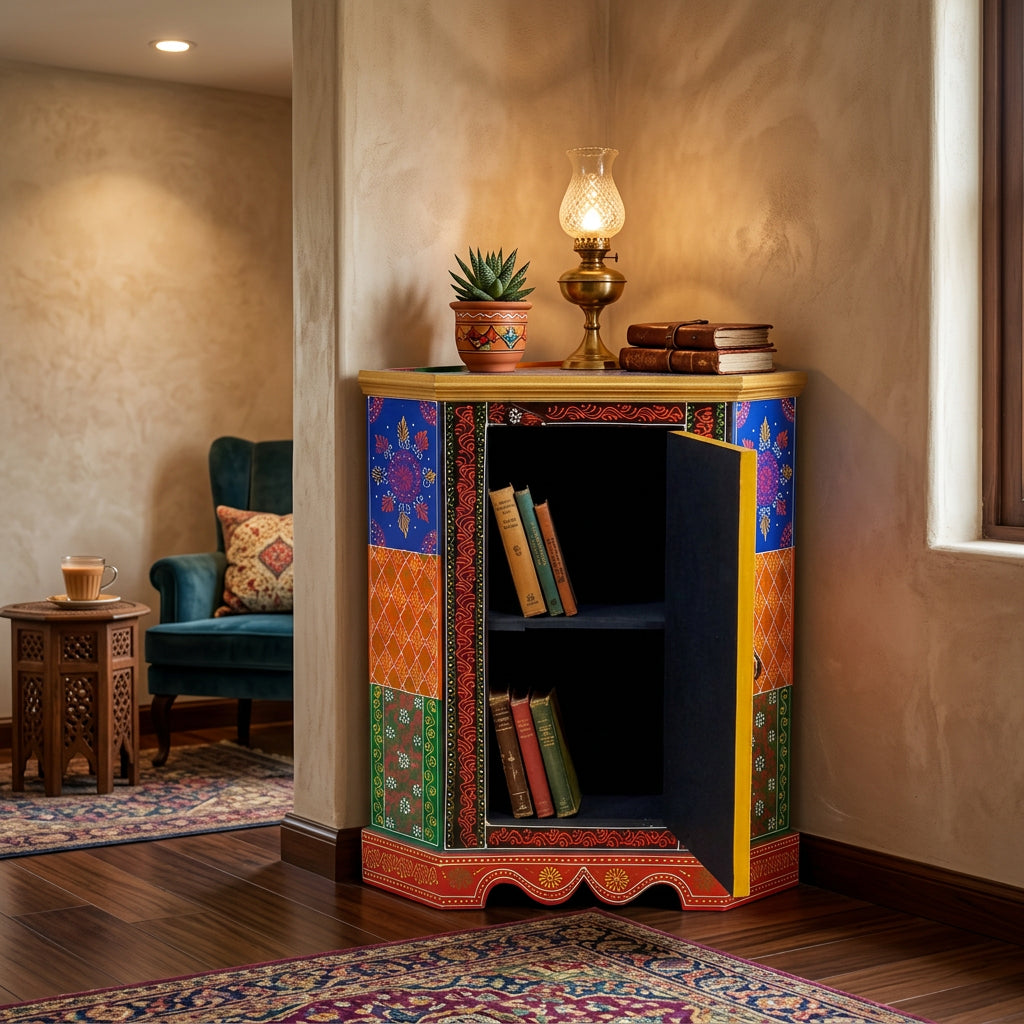 Hand-painted wooden corner cabinet with its door open, showing a dark interior, central shelf and two storage sections
