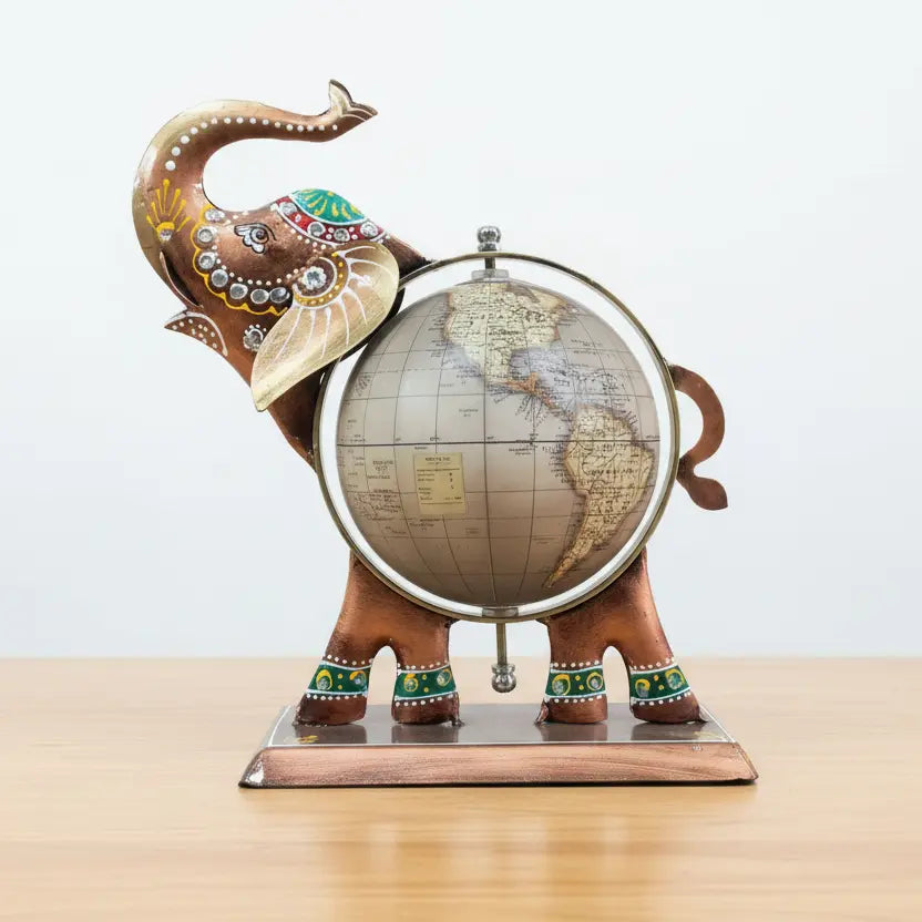 Hand Painted Elephant Globe Showpiece | Jaipur Rajasthani Metal Decor | KK Gift Store