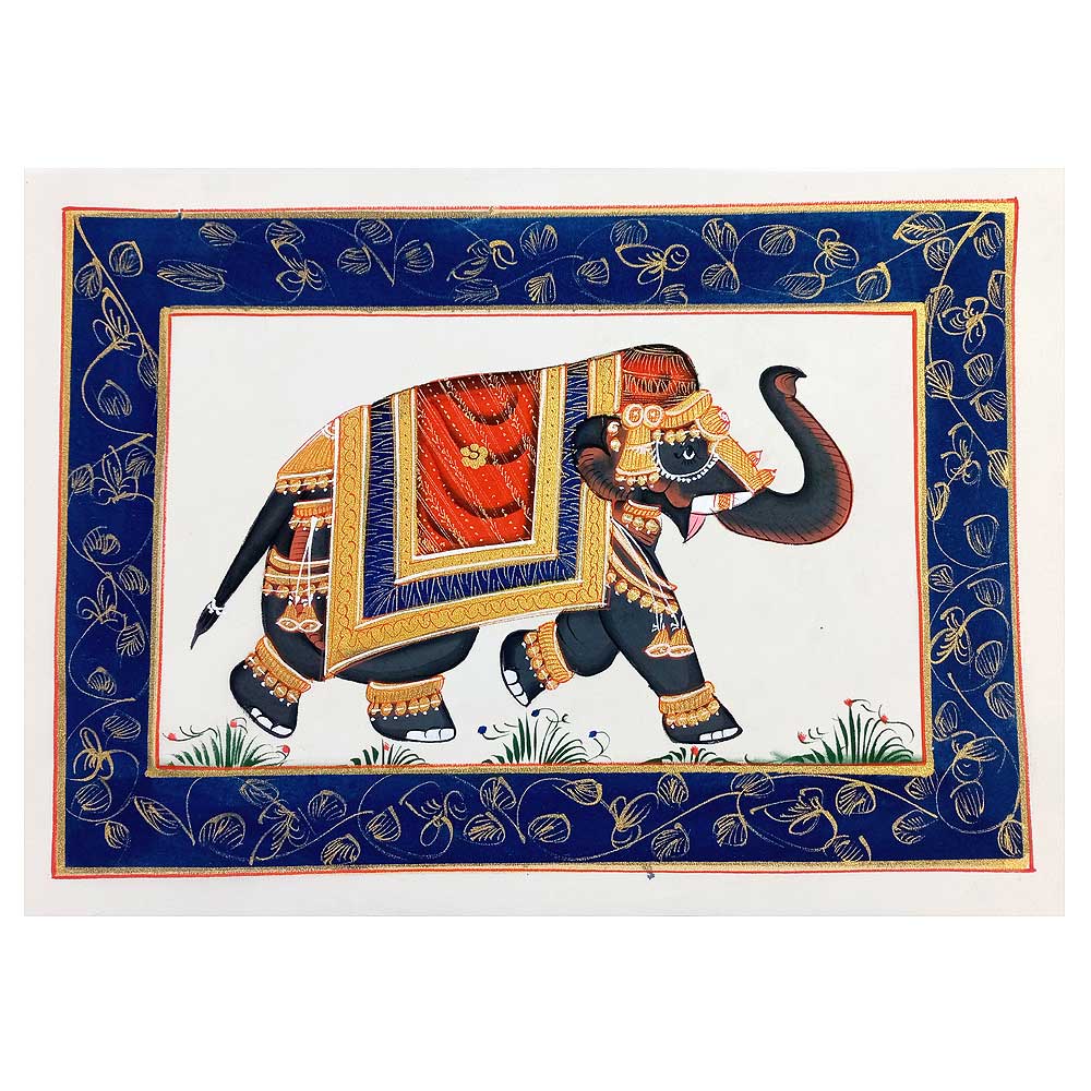 A hand-painted elephant on silk fabric, a detailed and elegant piece of art.