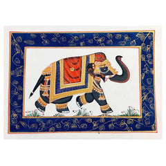 A hand-painted elephant on silk fabric, a detailed and elegant piece of art.