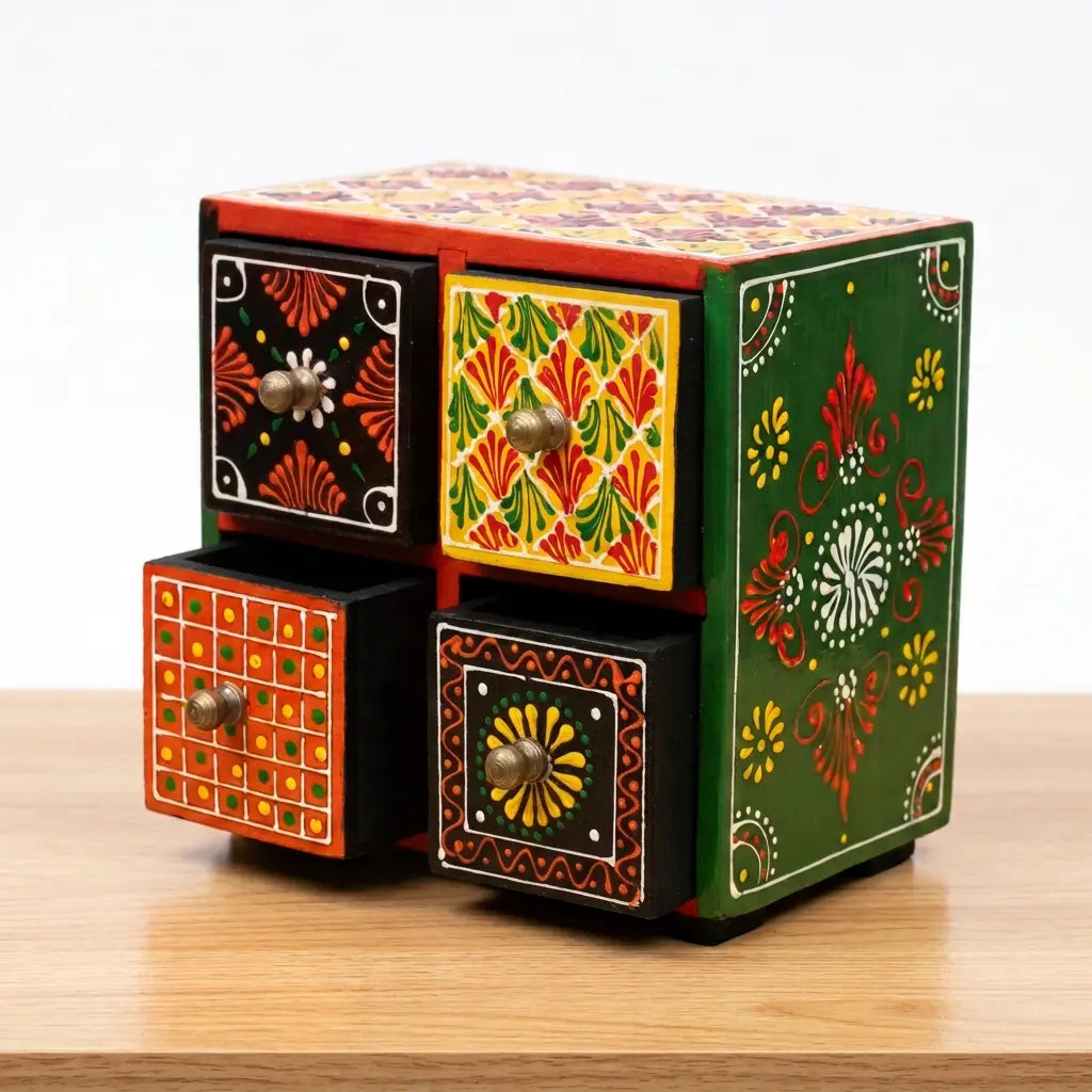 Hand-painted wooden jewellery box with four colourful drawers, green floral side panel and two lower drawers open