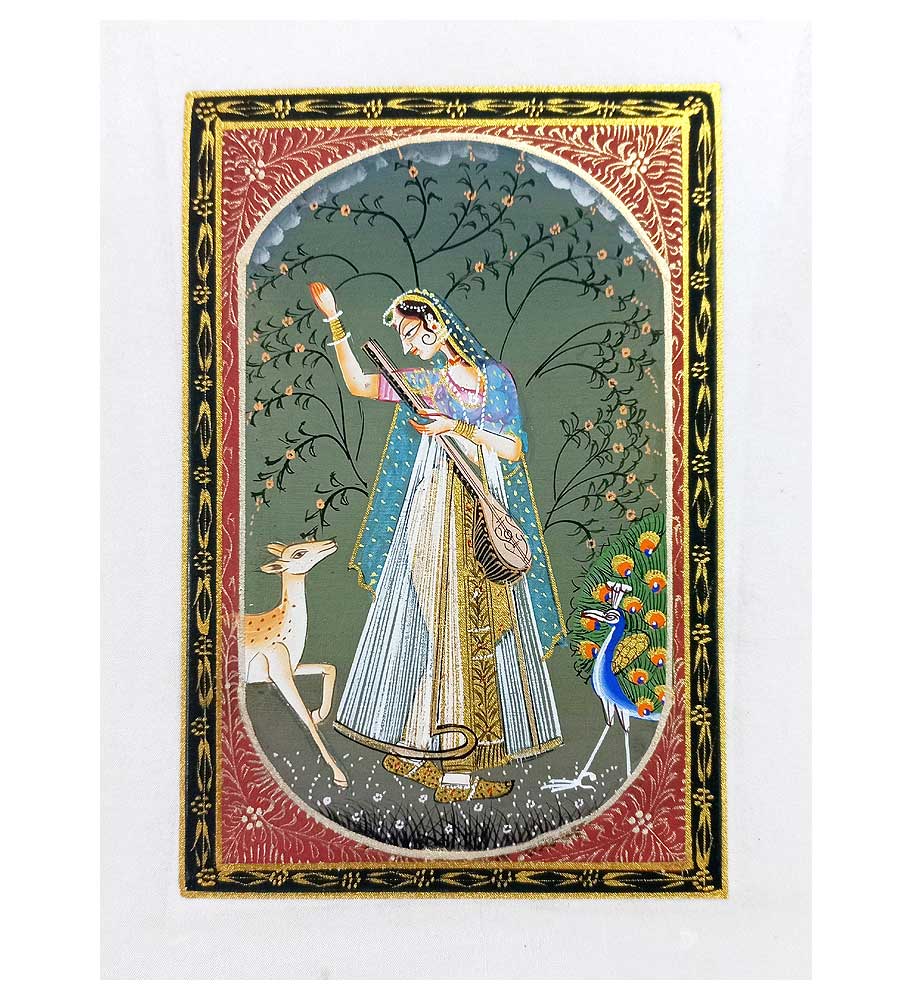  A hand-painted Indian lady miniature painting, showcasing intricate details and vibrant colors.