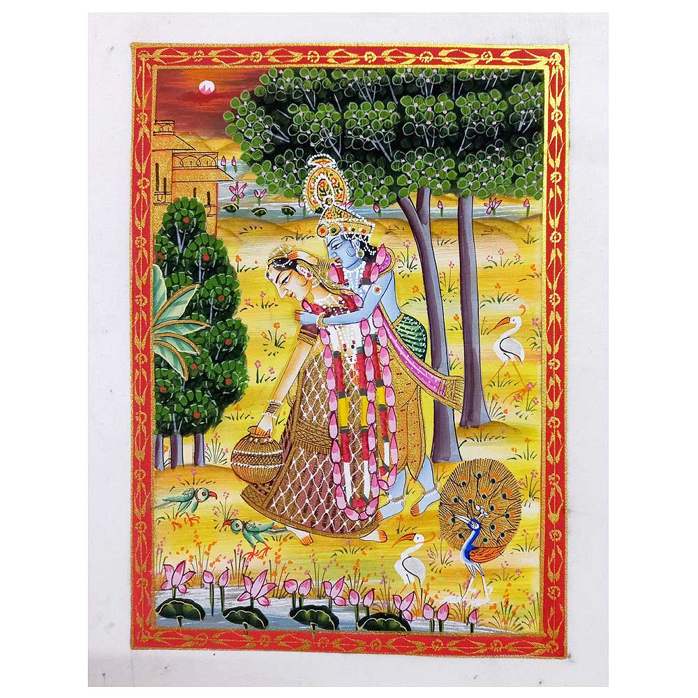 An intricate hand-painted Radha Krishna scene on silk, showcasing detailed craftsmanship.