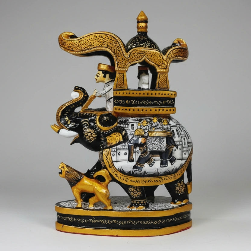 20cm hand-painted wooden Ambari elephant featuring a King in a howdah and a lion at the base.