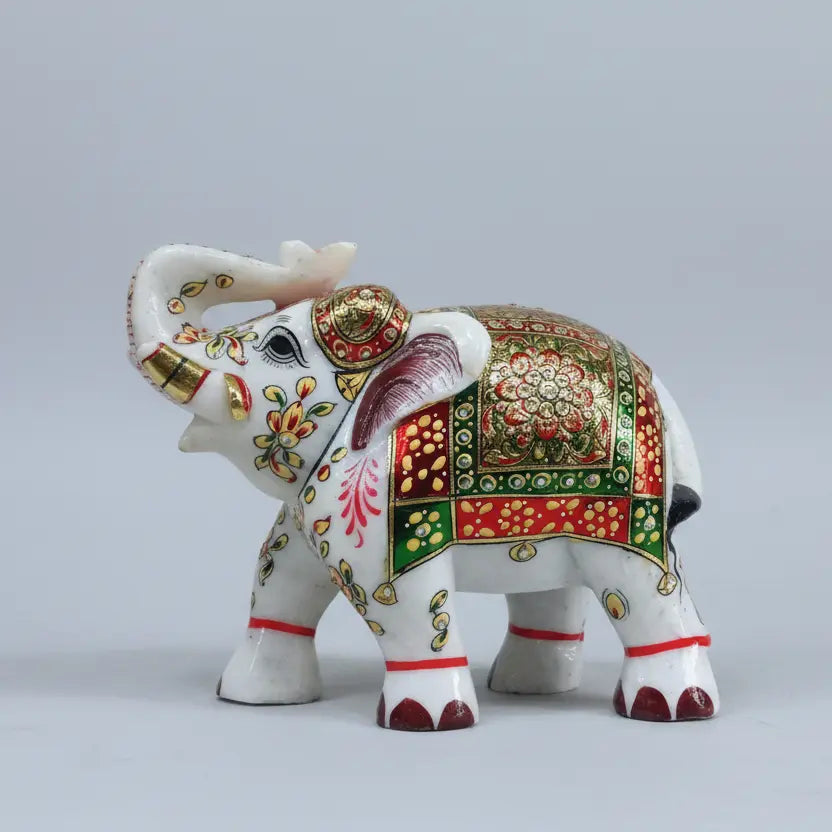 Hand-painted white marble elephant with red green gold Meenakari art — 10 inch large figurine Jaipur