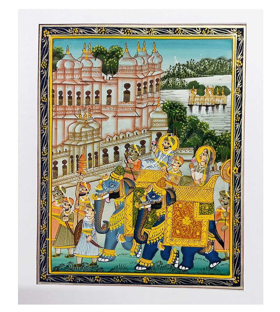 A hand-painted Mughal miniature art piece, crafted on a base of pure silk.