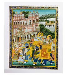 A hand-painted Mughal miniature art piece, crafted on a base of pure silk.