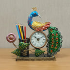 Hand painted metal peacock table clock with pen holder, Rajasthani artisan craft, antique gold base