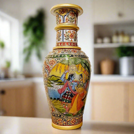 Decorative marble vase featuring Radha Krishna design