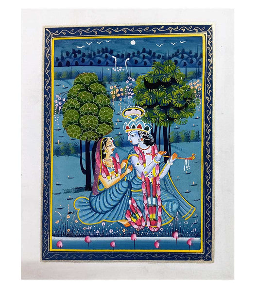 A hand-painted Radha Krishna miniature painting, a beautiful piece of devotional art.