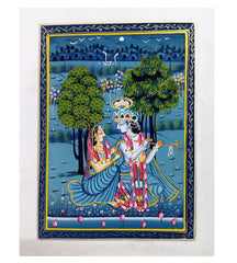 A hand-painted Radha Krishna miniature painting, a beautiful piece of devotional art.