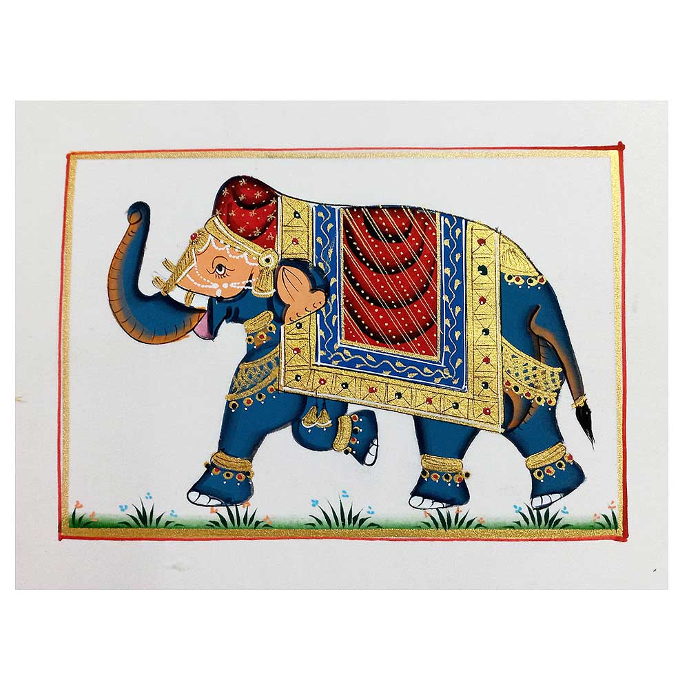A hand-painted silk elephant painting with intricate details, an unframed piece of art.