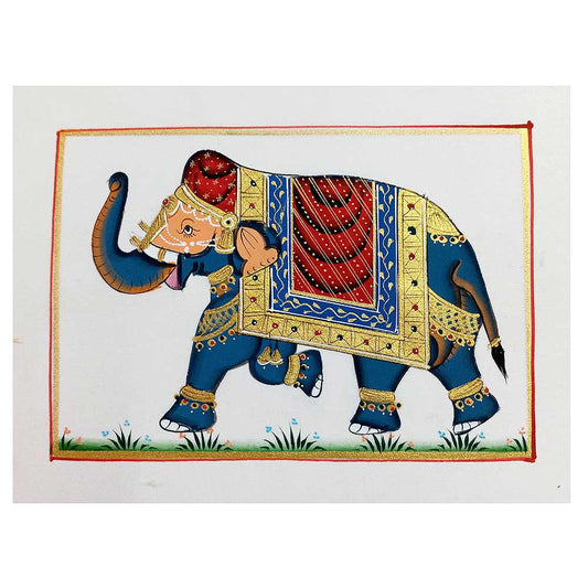 A hand-painted silk elephant painting with intricate details, an unframed piece of art.