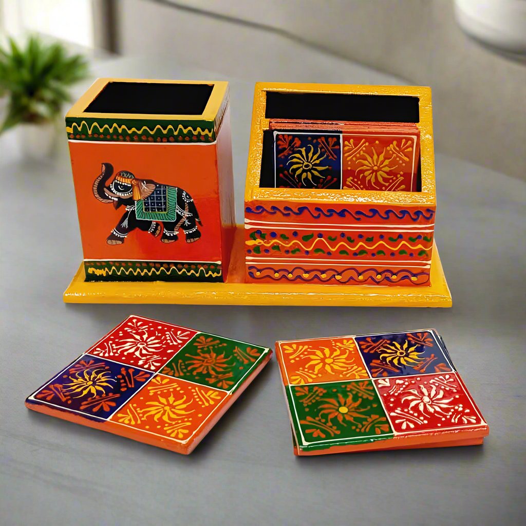 Decorative wooden office desk organizer with coaster set and storage