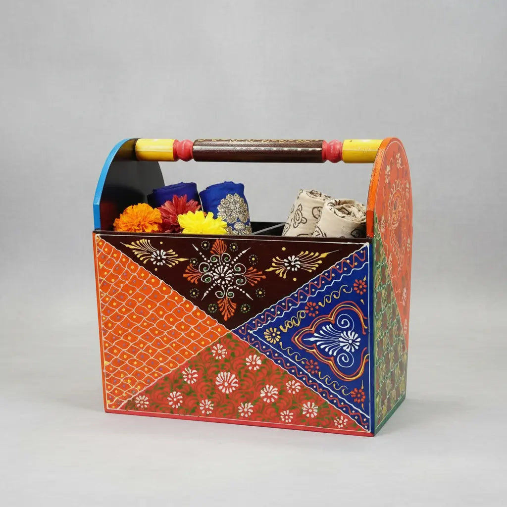 Handcrafted wooden basket with hand painted Rajasthani folk art – front view