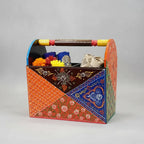 Handcrafted wooden basket with hand painted Rajasthani folk art – front view