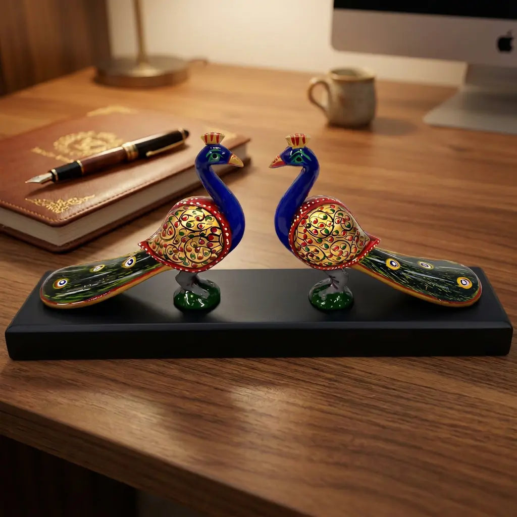 Hand-painted wooden double peacock statue with long tails on a wooden platform