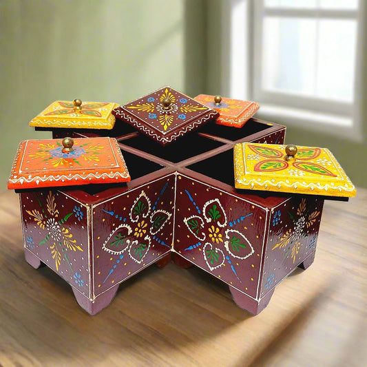 A hand-painted wooden dry fruit box, a perfect gift choice for Diwali or other 