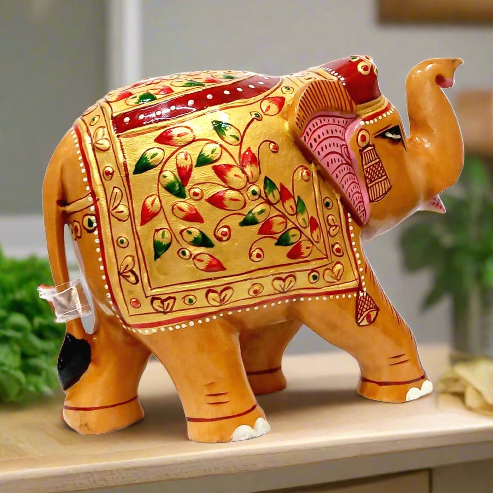 Hand-painted wooden elephant with emboss painting and detailed finishing.