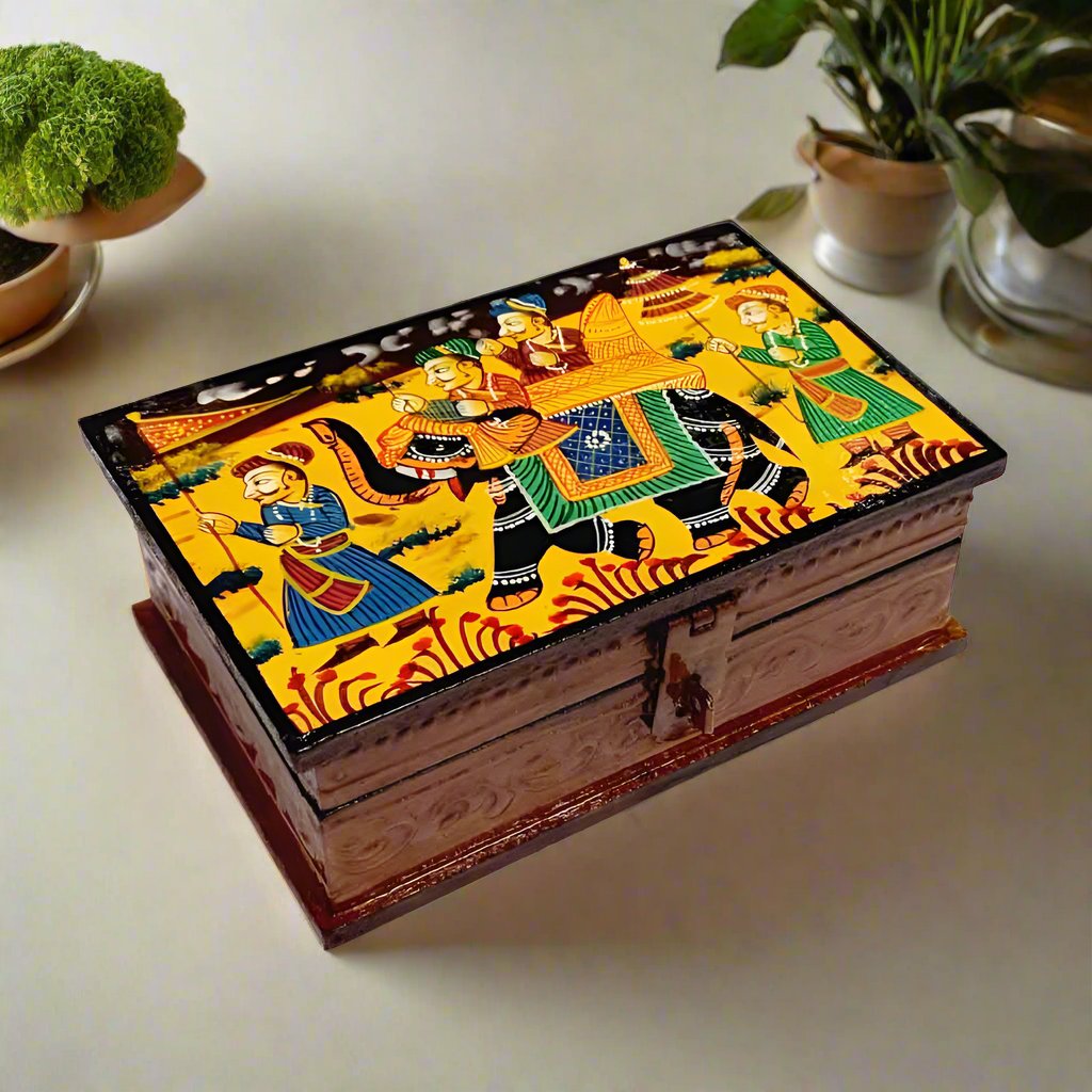 Hand-painted wooden jewel box 6x4 inches with elegant traditional design