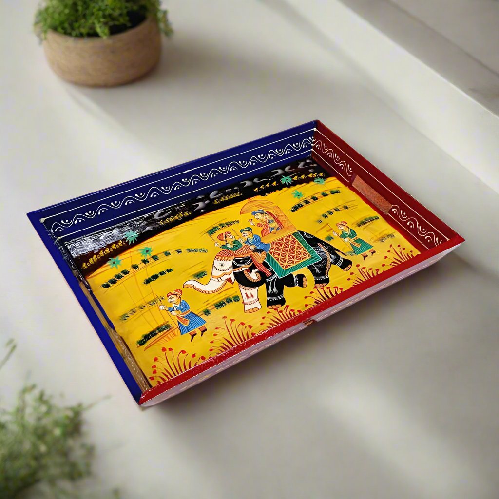 Hand-painted wooden serving tray with traditional miniature artwork
